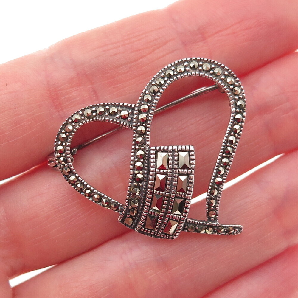 925 Sterling Silver Vintage Real Marcasite Heart Oxidized Pin Brooch